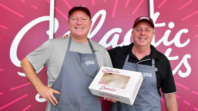 Galactic Donuts founders Tom Potter and Warwick Jones at their Camoundra store. Picture: Patrick Woods.