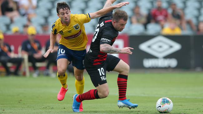 Tommy Oar, left, will leave the Central Coast Mariners to join Macarthur FC next season. Picture: Getty Images