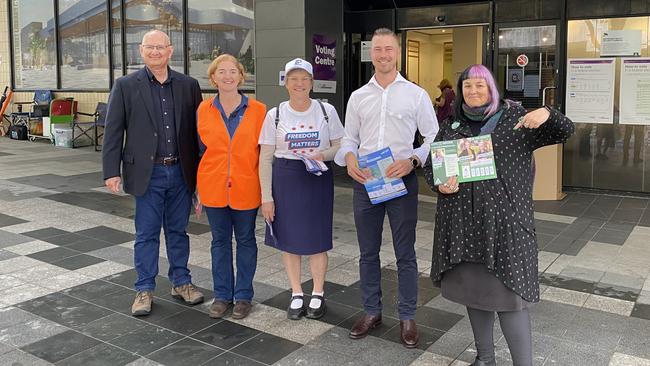 Blair candidates Shayne Neumann ALP, Liz Suduk PHON, Michelle Jaques LDP, Sam Biggins LNP, and Danielle Mutton GRN at Ipswich‘s Brisbane St pre-poll booth on Monday, May 9. Picture: Jessica Baker