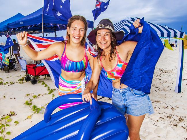 WEEKEND PAPERS ** Australia Day 2024.Mum Lisa Mortensen and her daughter Angelique, 14 from Brisbane celebrate Australia Day at Currumbin Beach.Picture: Nigel Hallett