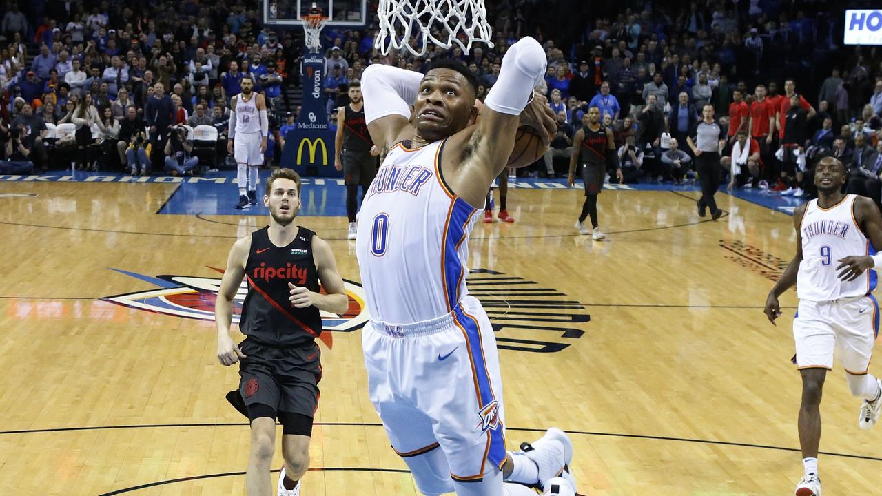 Oklahoma City Thunder guard Russell Westbrook goes up for a dunk.