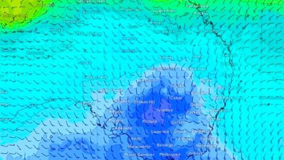 Temperature and wind forecast at 10pm AEST on Monday, July 15. Picture: Weatherzone