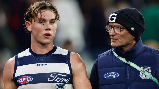 MELBOURNE, AUSTRALIA - MAY 04: Tanner Bruhn of the Cats is seen leaving the ground at half time during the 2024 AFL Round 08 match between the Melbourne Demons and the Geelong Cats at The Melbourne Cricket Ground on May 04, 2024 in Melbourne, Australia. (Photo by Dylan Burns/AFL Photos via Getty Images)