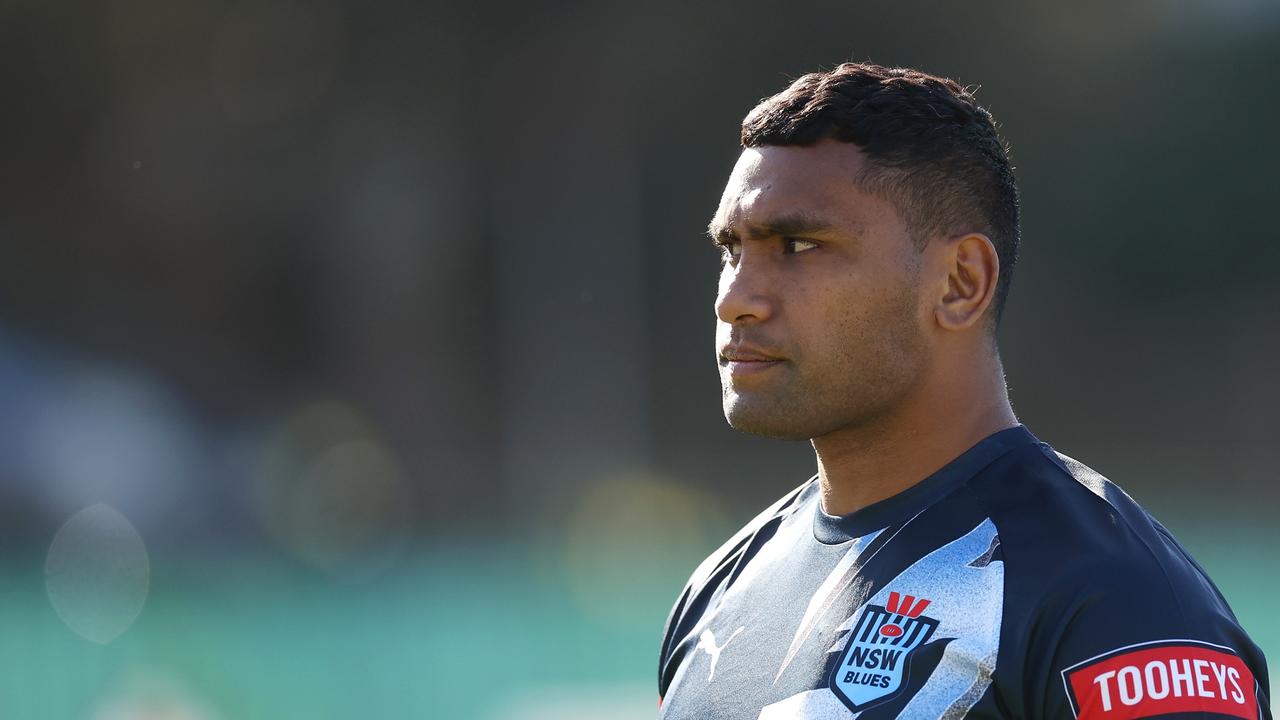 SYDNEY, AUSTRALIA - MAY 23: Tevita Pangai Junior looks on during a New South Wales Blues State of Origin training session at Coogee Oval on May 23, 2023 in Sydney, Australia. (Photo by Mark Kolbe/Getty Images)