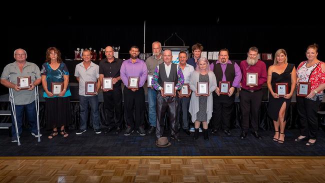 Volunteer winners from motorsport categories across the NT _ from left, Jimmy Mann(DSRDA), Angela Menzies (TCSC), Tim Gwynne (DMCC), Phil Kerr on behalf of Evan Vale (CARS), John Brown (HVDRA), Gary Kohlman (AHMA), Arie Mombers(DKA), Tony Connor(ASKC), Stewart Baehnisch (TEDA), Deborah Townsend (TERRA), Brett Edwards(KMSC), Peter Donovan on behalf of Greg Logan(TEMRA), Jodi Abela(TEMCC), and Dallas Window(TQA). Picture: Tim Nicol Photography