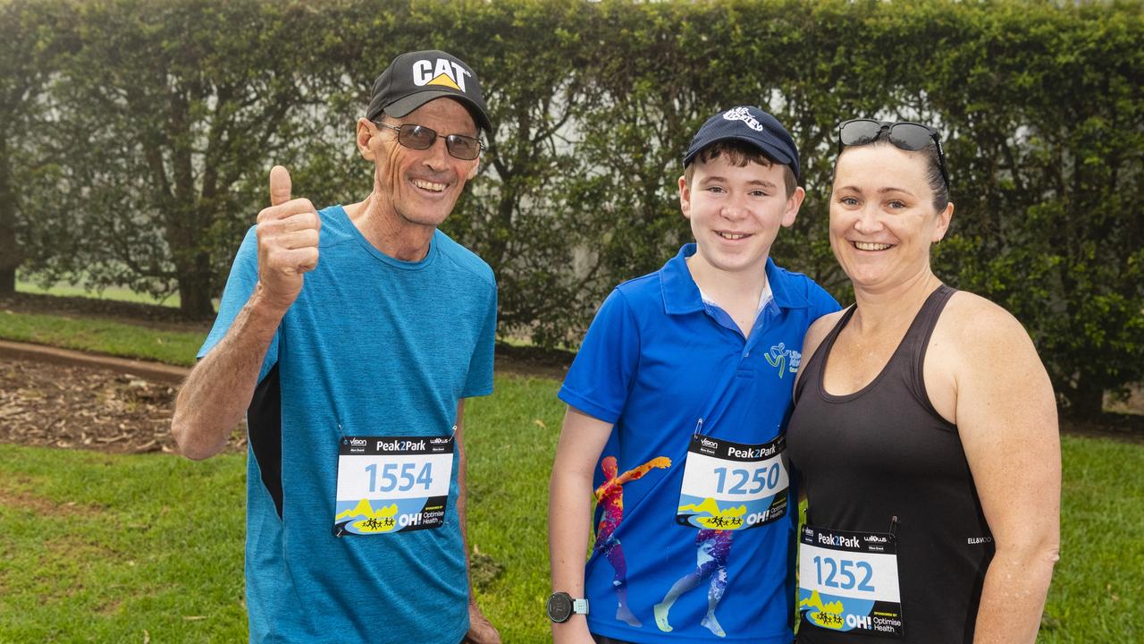 Parkrunners (from left) Mick O'Brien, Liam McNaughton and Rachel McNaughton at Peak2Park, Sunday, April 3, 2022. Picture: Kevin Farmer