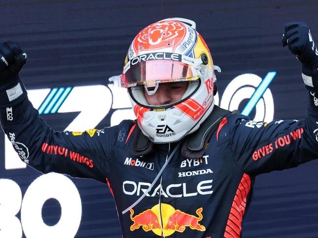 Red Bull's Dutch driver Max Verstappen celebrates winning the Spanish Formula One Grand Prix race at the Circuit de Catalunya on June 4, 2023 in Montmelo, on the outskirts of Barcelona. (Photo by Lluis GENE / AFP)