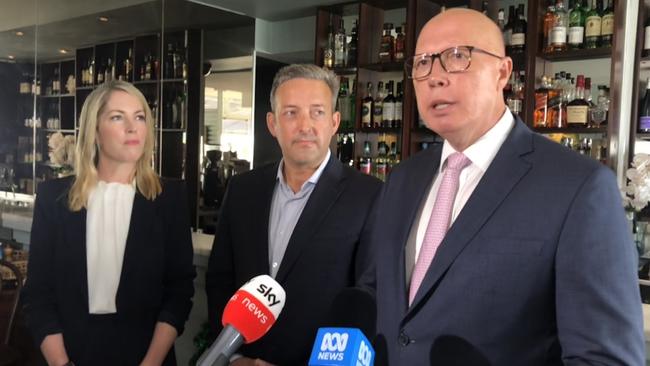 Federal Opposition leader Peter Dutton with the Warringah Liberal candidates Jaimee Rogers and James Brown. Picture: Jim O’Rourke