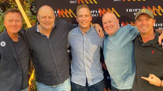 Triple M Rush Hour Adelaide presenters Greg Blewett, Andrew Jarman and Bernie Vince with Melbourne colleagues James Brayshaw and Billy Brownless. Picture: Instagram