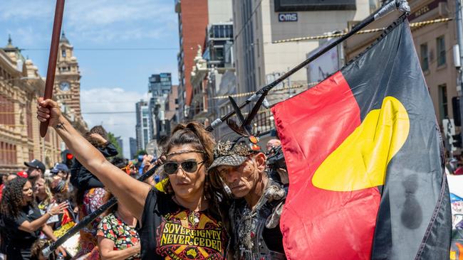 Senator Lidia Thorpe takes part march from Parliament House to Flinder's Street Station during the Treaty Before Voice Invasion Day Protest.