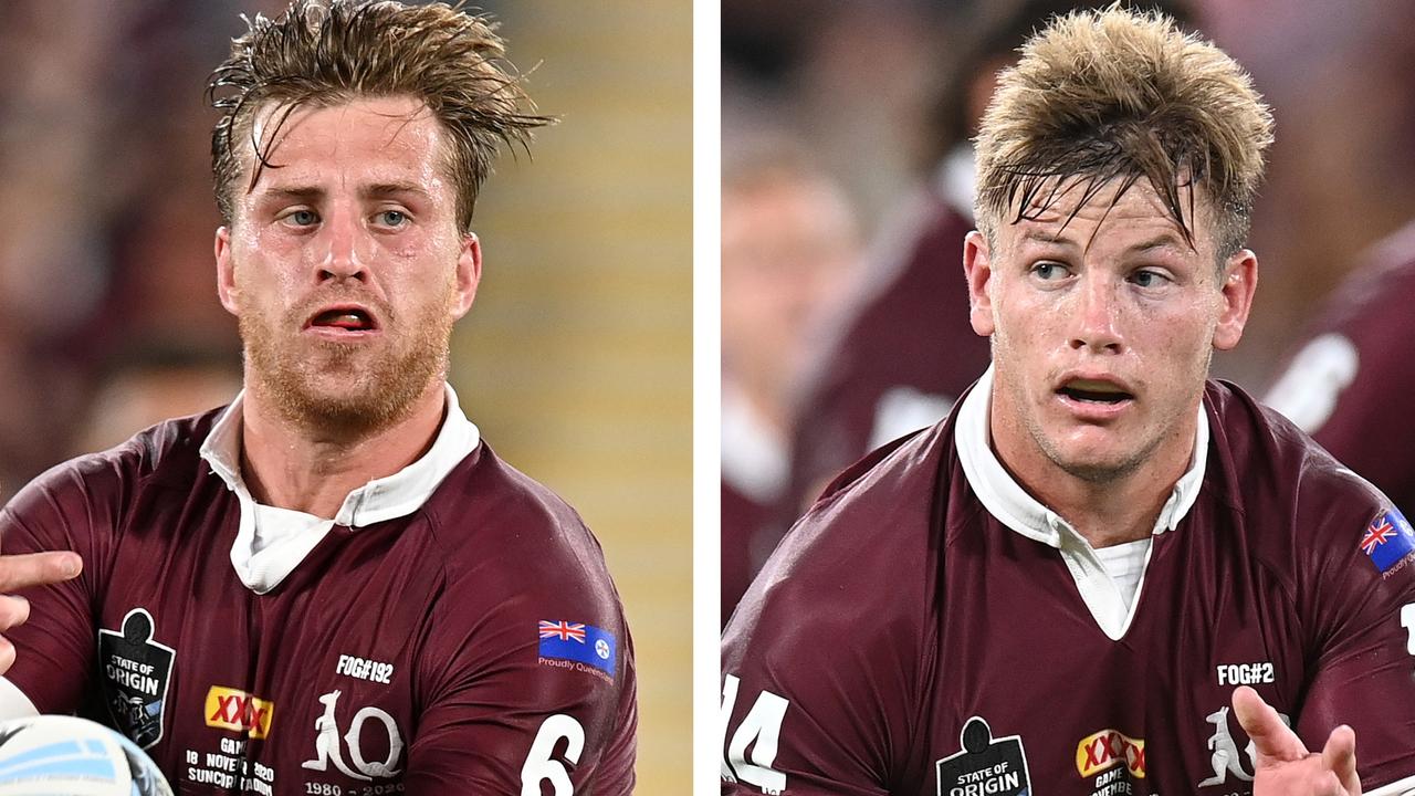 Cameron Munster and Harry Grant in action for the Maroons.