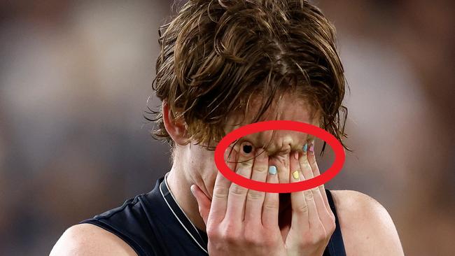 The tiny detail that upset plenty of insecure footy fans. (Photo by Michael Willson/AFL Photos via Getty Images)