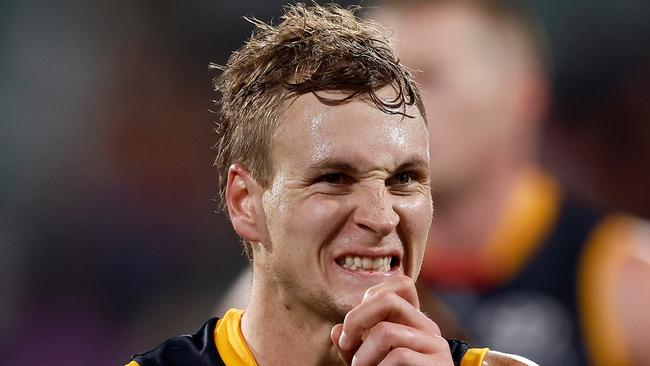 ADELAIDE, AUSTRALIA - APRIL 04: Jordan Dawson of the Crows looks dejected after a loss during the 2024 AFL Round 04 match between the Adelaide Crows and the Melbourne Demons at Adelaide Oval on April 04, 2024 in Adelaide, Australia. (Photo by Michael Willson/AFL Photos via Getty Images)