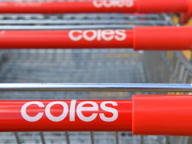 Coles Group shopping trolleys are seen in Brisbane, Wednesday, April 29, 2020. Supermarket retailer Coles has reported a 13 per cent rise in sales for the first three months of the year. (AAP Image/Darren England) NO ARCHIVING