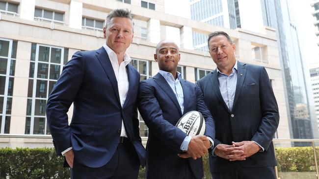 Matt Burke, George Gregan and Phil Kearns at the launch of the International Rugby Academy of Australia in Sydney. Picture: John Feder