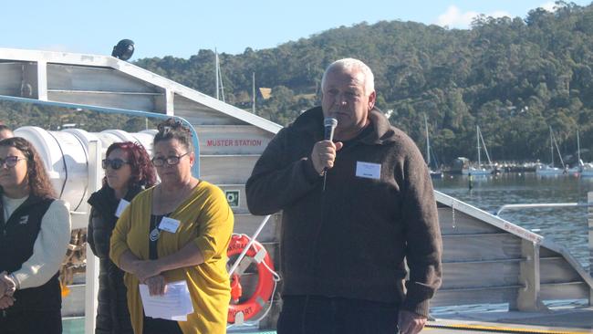 Rodney Dillon shares the whale Dreaming story behind the name of SeaLink’s new Bruny Island passenger vessel Parrabah. Picture: ANNIE MCCANN.