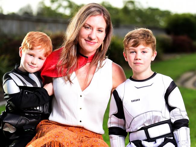 Archer Ferguson 7, is the face of Heart Kids Superhero Challenge. Pictured with Brither Hugo 5 and mum Marcelle. Picture: Alix Sweeney