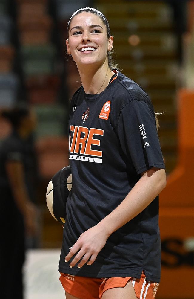 Alex Fowler of the Fire warms up before the start of the round 12 WNBL match between Townsville Fire and Canberra Capitals at Townsville Entertainment Centre on January 18, 2025, in Townsville, Australia. (Photo by Ian Hitchcock/Getty Images)