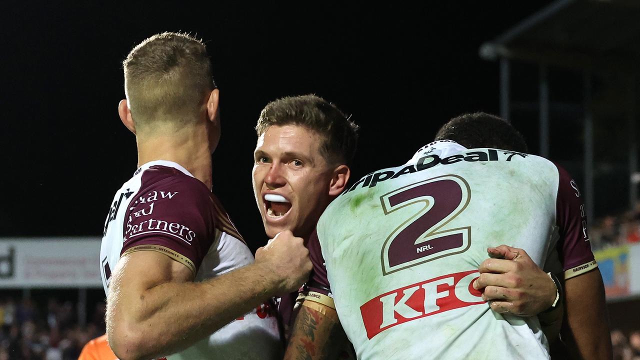 Reuben Garrick got the last laugh over Maika Sivo, scoring a double down his edge after the Fijian Flyer was sin-binned. Picture: Getty Images