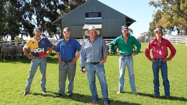 Justin Campbell (centre) with jackaroos Oli Cameron, 20, Angus Knox, 18, Charlie Shingles, 18 and Tom Charlton, 17. Picture Yuri Kouzmin