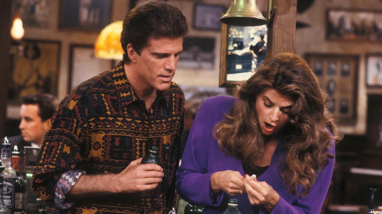 Kirstie Alley and Ted Danson in a scene from Cheers.