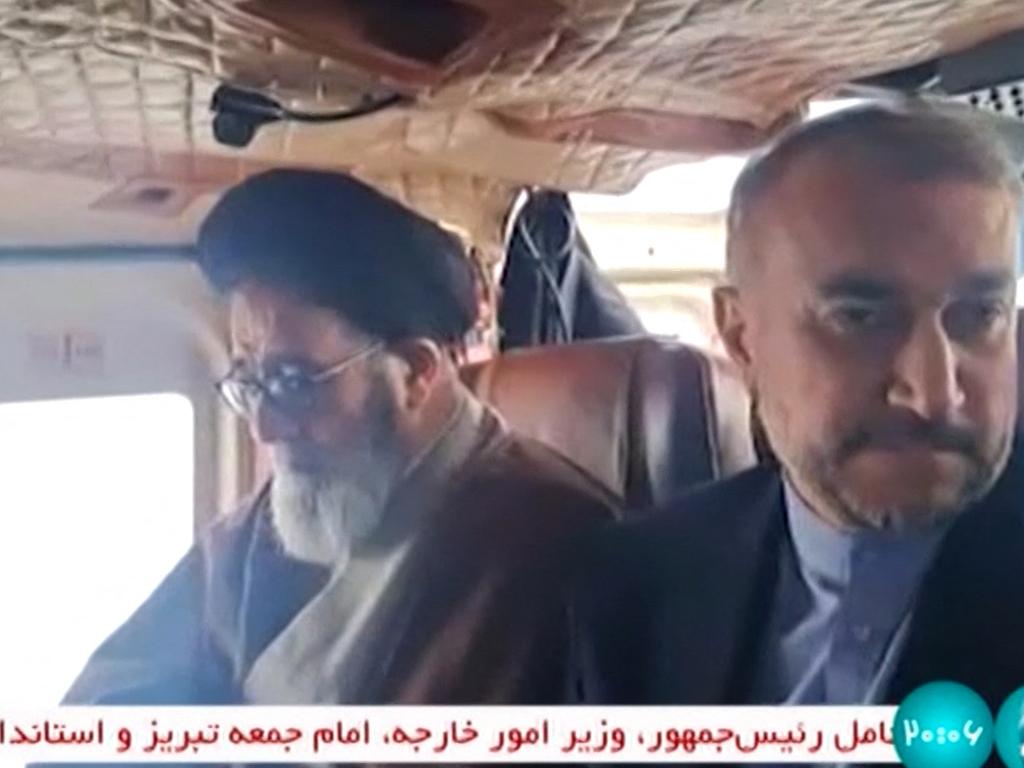 Iran’s president Ebrahim Raisi (left) and Foreign Minister Hossein Amir-Abdollahian (right) are both feared dead after a helicopter crash. The pair are pictured together on the doomed chopper before the crash. Picture: Iran State TV