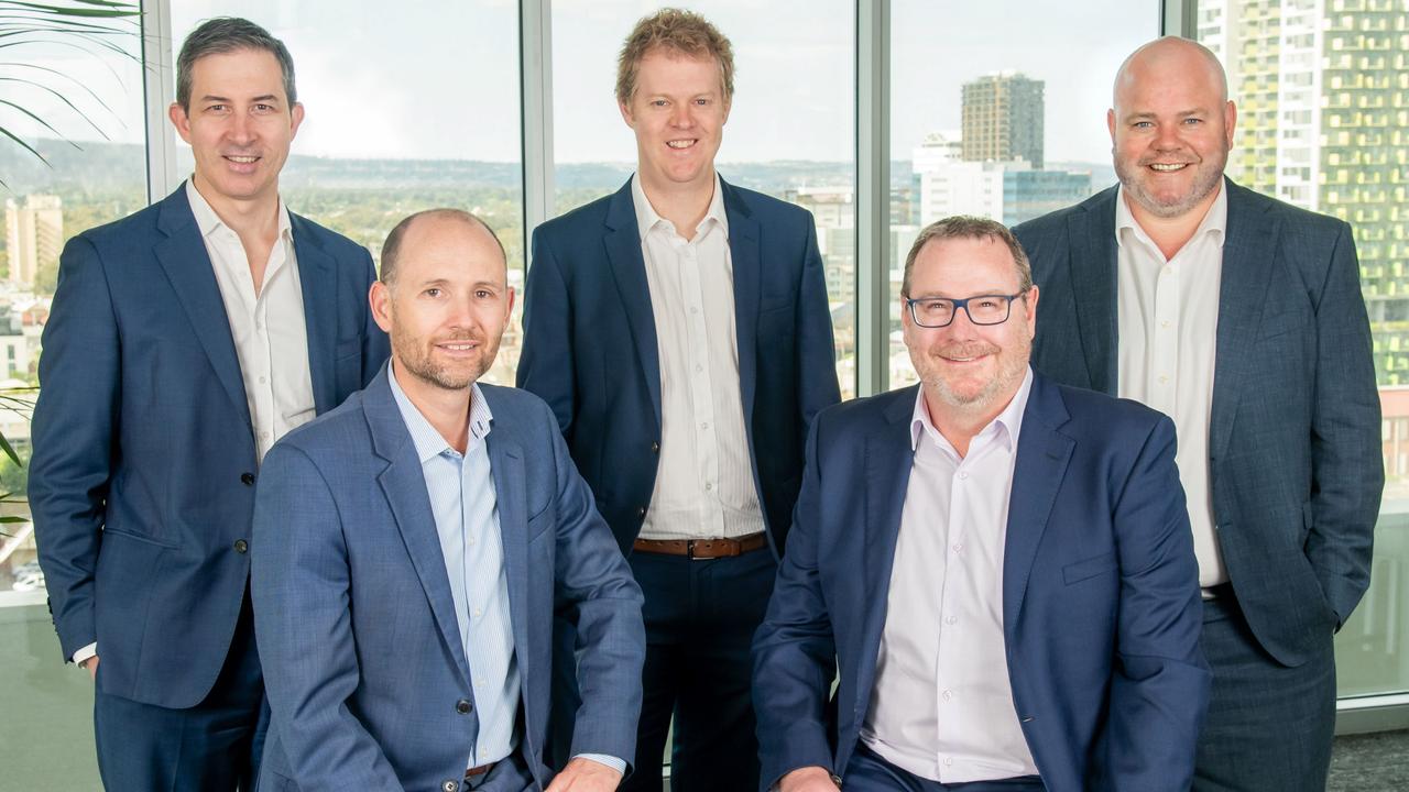 Perks CEO James Black and Aaron Read (seated) with Perks leadership Team members (L-R) Kim Bigg, Sam Wagner and Tom Paine. Picture: Supplied