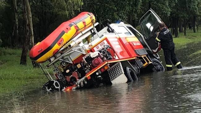 The truck has partially tipped onto its side. Photo: Twitter / Bianca Stone