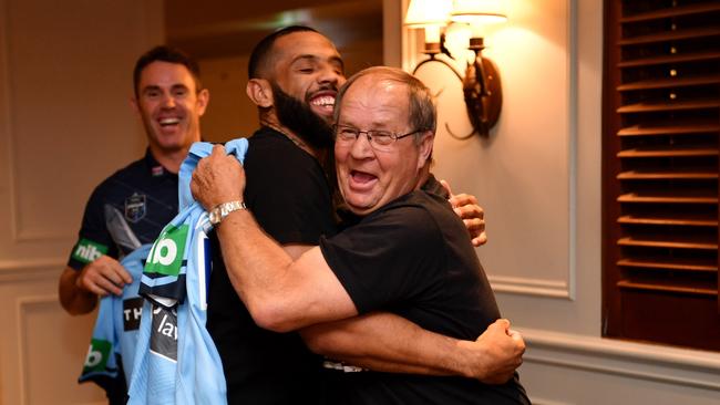 Tommy Raudonikis presents jerseys to the NSW Origin team in Brisbane, 2018.