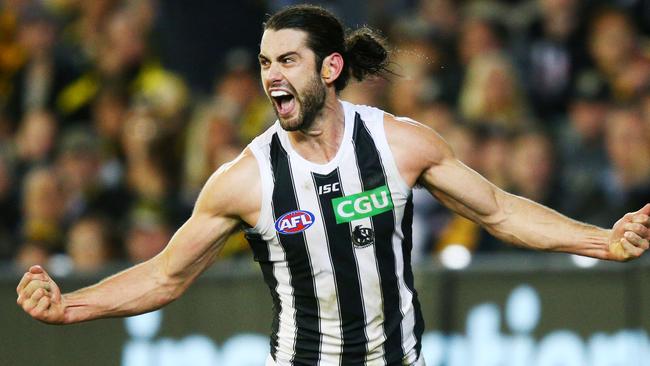 MELBOURNE, VICTORIA - SEPTEMBER 21:  Brodie Grundy of the Magpies celebrates a goal during the AFL Preliminary Final match between the Richmond Tigers and the Collingwood Magpies on September 21, 2018 in Melbourne, Australia.  (Photo by Michael Dodge/AFL Media/Getty Images)