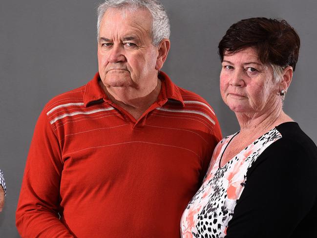 Nigel Jeffares with Mick and Beth Spence pose for a photograph.Beth and Mick Spence and Nigel Jeffares are three victims of crooked financial planner Brad Sherwin.Friday June 8, 2018. (AAP image, John Gass)