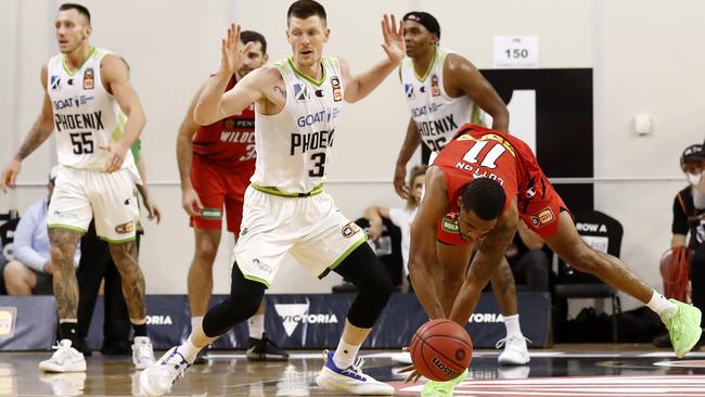 Cameron Gliddon was called for the foul as Bryce Cotton tumbled to the floor. Picture: Getty Images