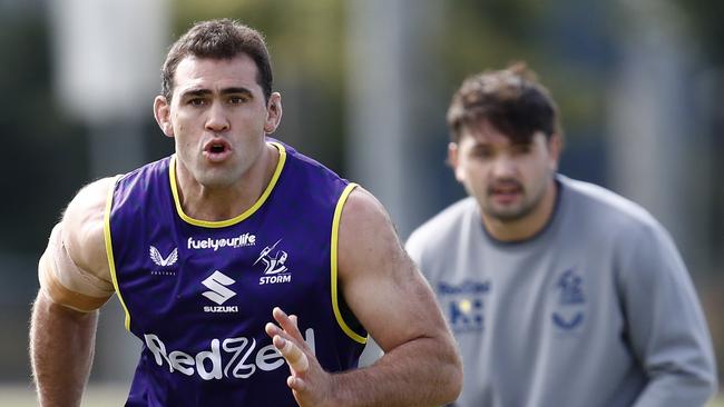 MELBOURNE, AUSTRALIA – APRIL 13: Dale Finucane is back in full training during a Melbourne Storm NRL training session at Gosch's Paddock on April 13, 2021 in Melbourne, Australia. (Photo by Darrian Traynor/Getty Images)