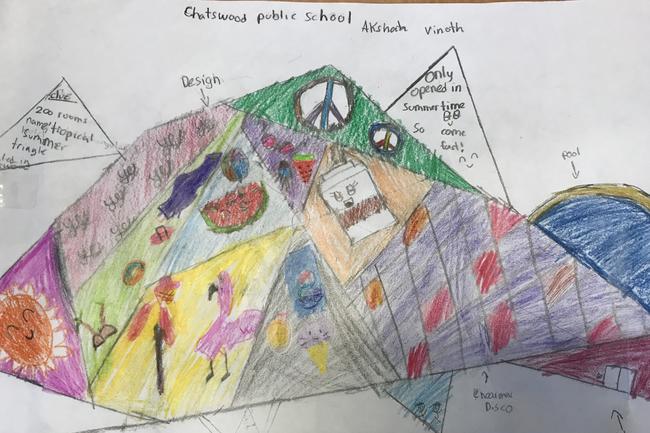 Akshata Vinoth, Year 2, Chatswood Public School has designed a leisure area to be built in Chatswood called Tropical Summer Triangle. It includes 200 rooms and is only open in summer time: “So come fast!”.