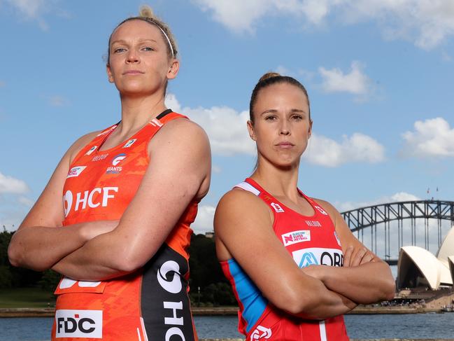 Jo Harten from the Giants and NSW Swifts star Paige Hadley. Picture: Getty Images