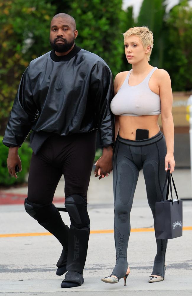 May 13: 2023: In an outfit that looks like it could cross between dinner and a workout, Censori wore gym tights (with her phone tucked in), stilettos and a grey crop top. Picture: Rachpoot/Bauer-Griffin/GC Images