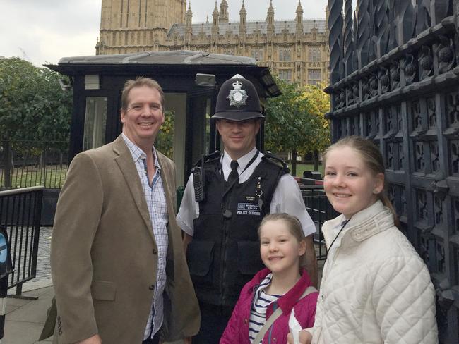 Alice Springs jeweller Andrew Thorogood, his kids Alexsandra, 12, Georgia, 9, and slain PC Keith Palmer in London.