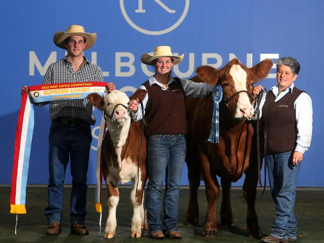 Melbourne Royal Show interbreed champions Jacob, Ruby and Rita Canning from Mavstar Simmentals at Mt Myamyn. Picture: Yuri Kouzmin.