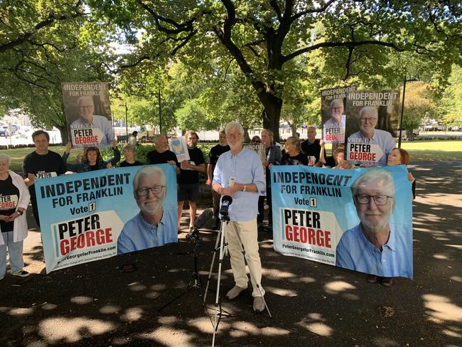 Franklin candidate Peter George announces the back of Climate 200  on Parliament Lawns in Hobart.