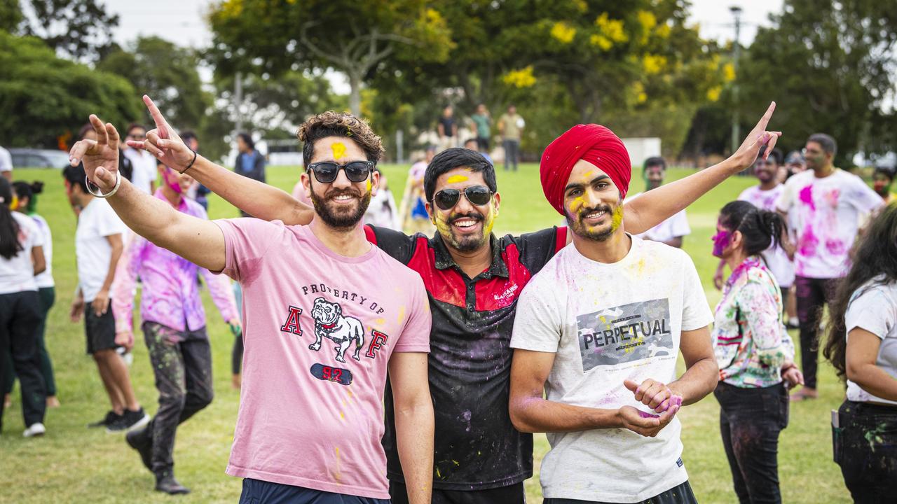 Celebrating Holi are (from left) Sunny Kamboj, Ujjwal Burde and Komal Grewal as Toowoomba Indian and Nepalese communities unit for the festival of colours, Saturday, March 23, 2024. Picture: Kevin Farmer