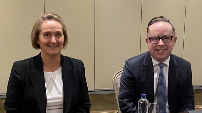 Qantas chief financial officer and CEO-designate Vanessa Hudson with current CEO Alan Joyce at the International Air Transport Association AGM in Istanbul. Picture: Robyn Ironside