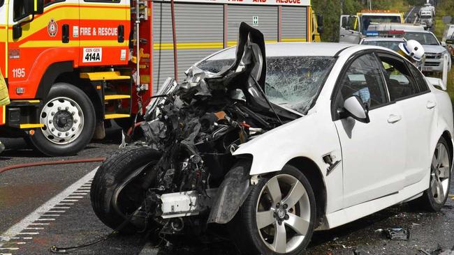 FATAL CRASH: The horrific scene of a two-vehicle crash along the Bruce Hwy at Kolonga, north of Gin Gin. Picture: Jim Alouat