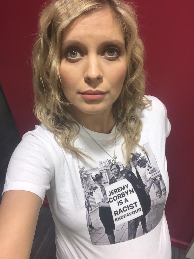 Rachel Riley has sparked hot debate with her controversial T-shirt which stated “Jeremy Corbyn is a racist”. Picture: Twitter