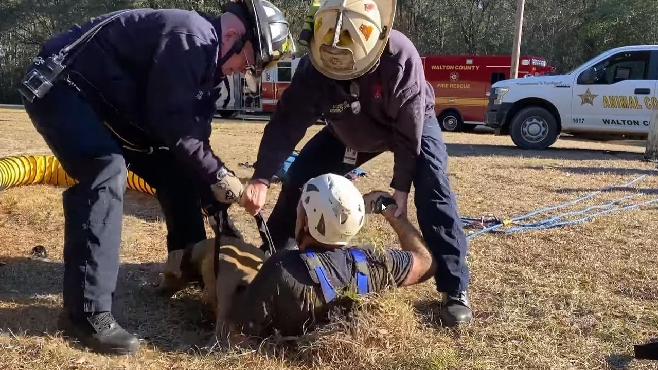 A ladder was placed into the hole and a safety line was attached to a rescuer who then pulled the god out. Picture: Facebook/South Walton Fire District