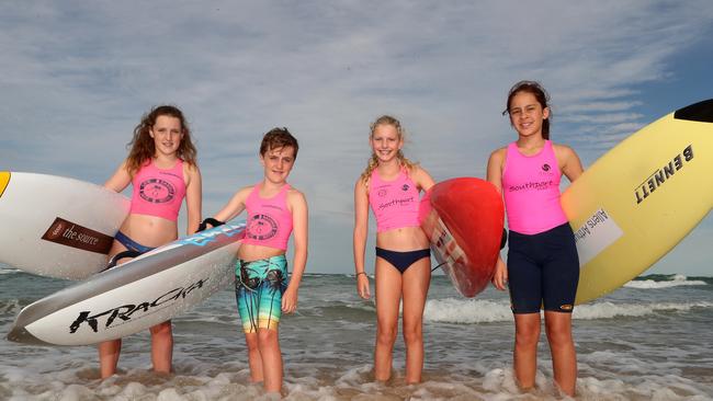 Southport Surf Life Saving Club is celebrating the 50th anniversary of its nipper program. Southport Nippers Ruby Barrett, 12, Ted Barrett, 11, Freya Brown, 10, and Brooke Malcolm, 10. Picture: Scott Fletcher