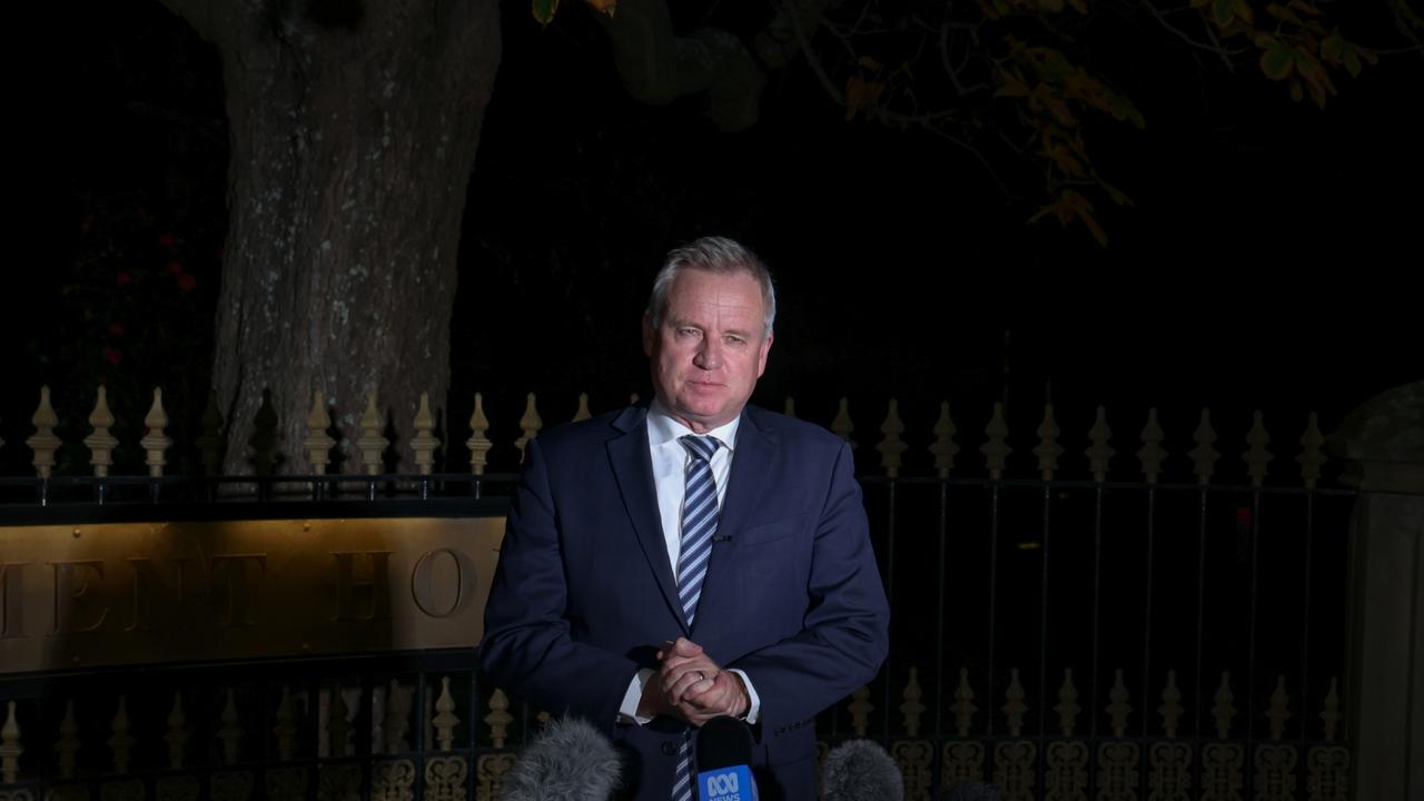 Tasmanian Premier Jeremy Rockliff speaks after visiting Government House in the wake of a no-confidence motion against him on Thursday, June 5, 2025.