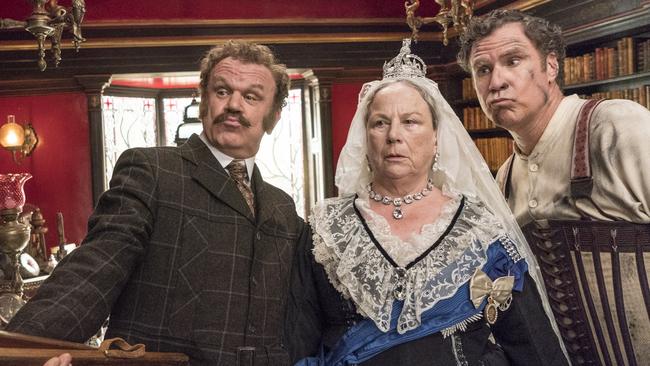 John C. Reilly as Watson, Pam Ferris as Queen Victoria and Will Ferrell as Sherlock Holmes in <i>Holmes &amp; Watson</i>.