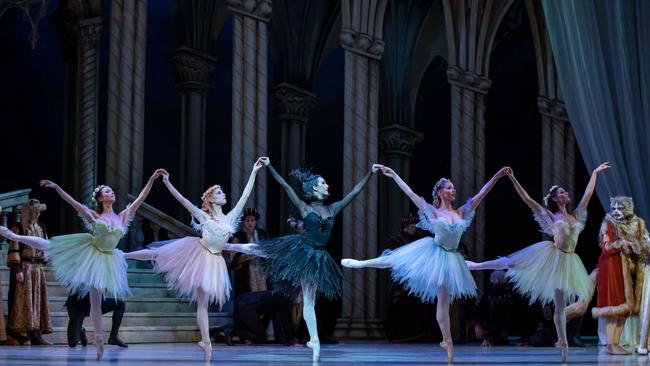 The Fairies and Carabosse – Laura Tosar, Mia Heathcote, Georgia Swan, Serena Green and Chiara Gonzalez in The Sleeping Beauty. Picture: Supplied