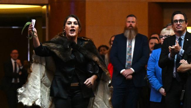 Victorian senator Lidia Thorpe disrupts proceedings as King Charles and Queen Camilla attend a parliamentary reception at Parliament House in Canberra on Monday. Picture: AFP