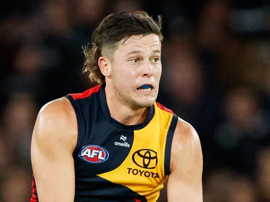 MELBOURNE, AUSTRALIA – APRIL 13: Jake Soligo of the Crows in action during the 2024 AFL Round 05 match between the Carlton Blues and the Adelaide Crows at Marvel Stadium on April 13, 2024 in Melbourne, Australia. (Photo by Dylan Burns/AFL Photos via Getty Images)